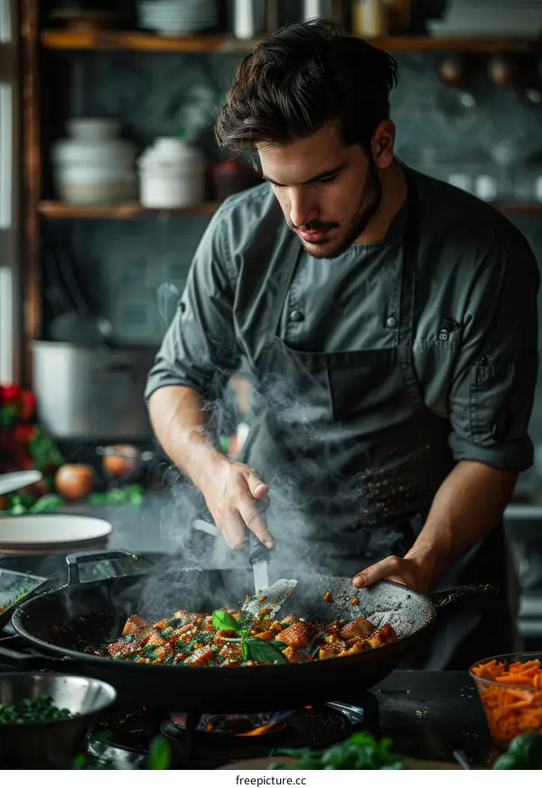 Young male chef cooking in a commercial kitchen