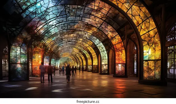 Visitors Walking Through a Glass Vaulted Tunnel