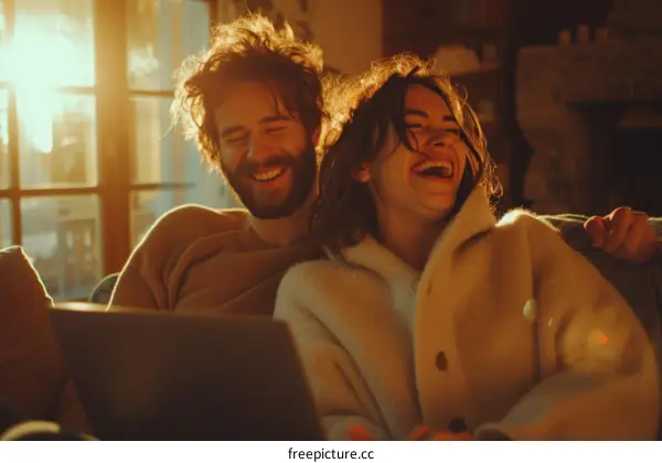 A laughing couple sitting on a couch and looking at each other