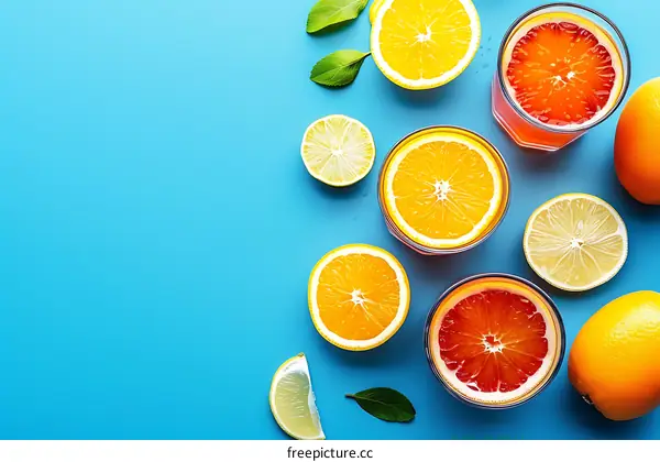 Fresh Citrus Fruit Slices with Juice in Glasses on Blue Background