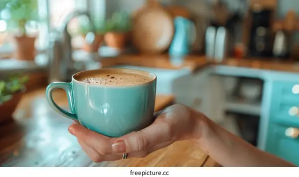 A woman holding a cup of coffee in the kitchen