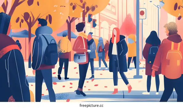 Autumn People Walking in City