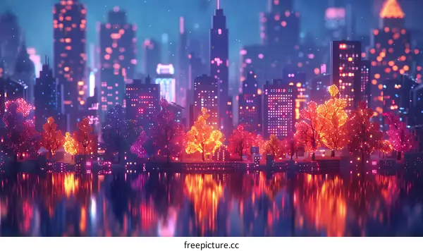 A beautiful city skyline with colorful lights and reflections in the water