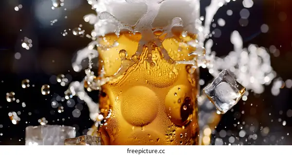 Closeup Of Frothy Beer With Ice Cubes