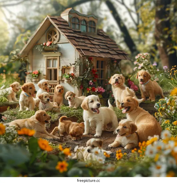 Cute puppies playing in the garden