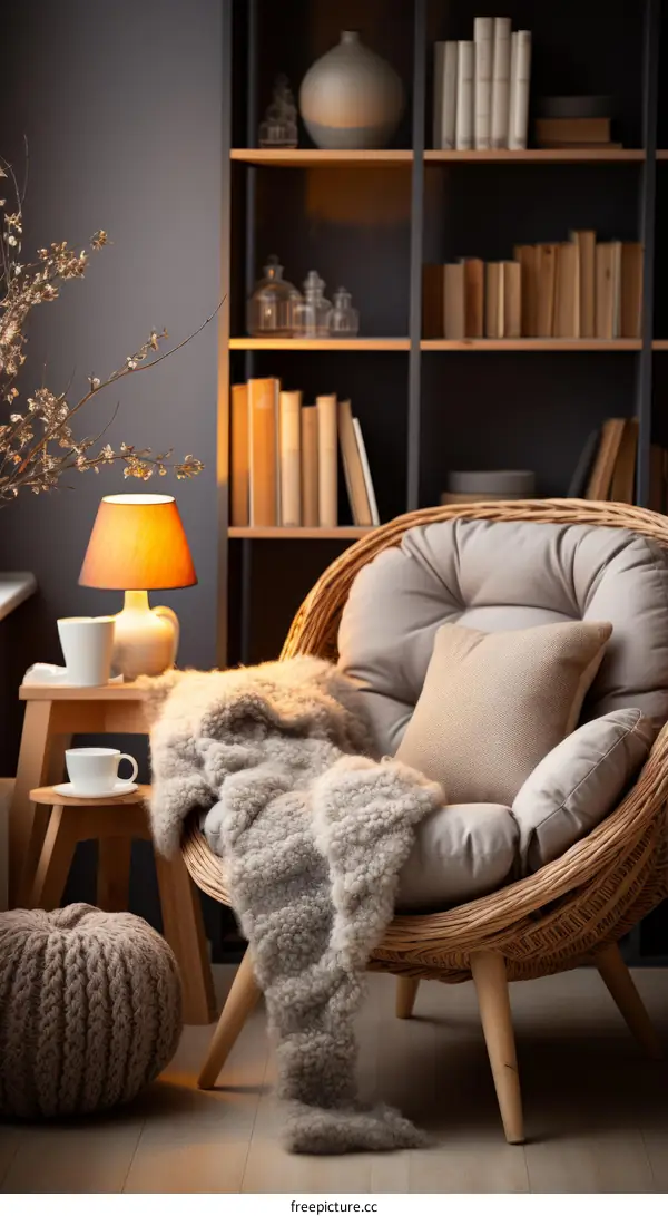 A cozy reading nook with a comfortable chair, a warm blanket, and a soft lamp