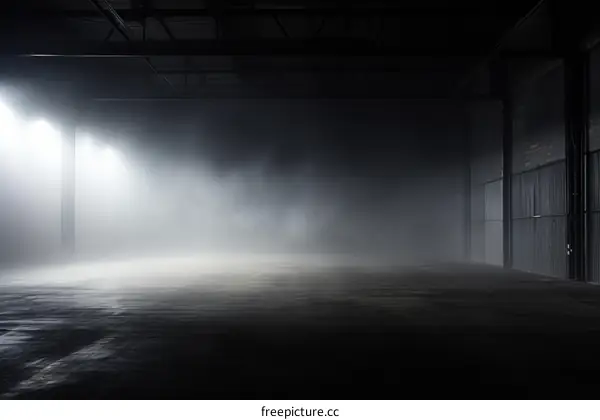 An empty warehouse with spotlights