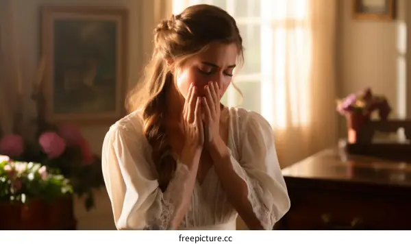 An illustration of a Victorian woman in a white dress with long brown hair and her hands covering her face