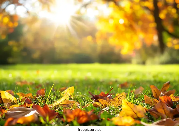 Autumn Leaves On Green Grass With Blurred Background