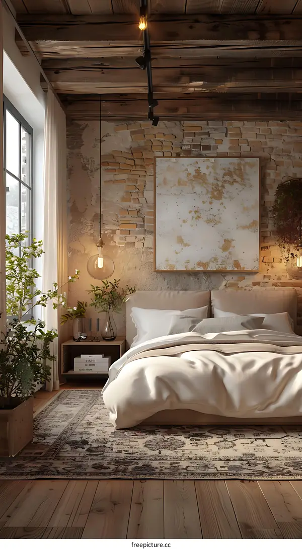 Bedroom with brick wall headboard