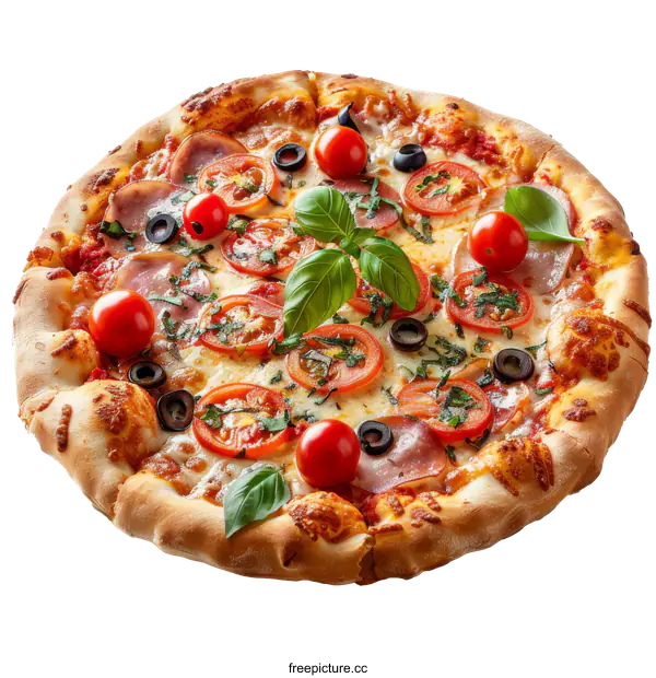 [Transparent Background PNG]A delicious pizza with ham, cheese, tomatoes, olives and basil.