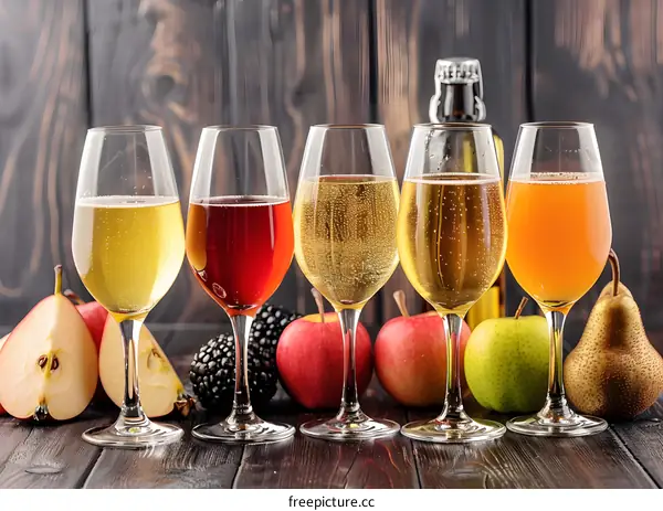 Assortment of Apple Cider in Wine Glasses with Fresh Pears and Apples