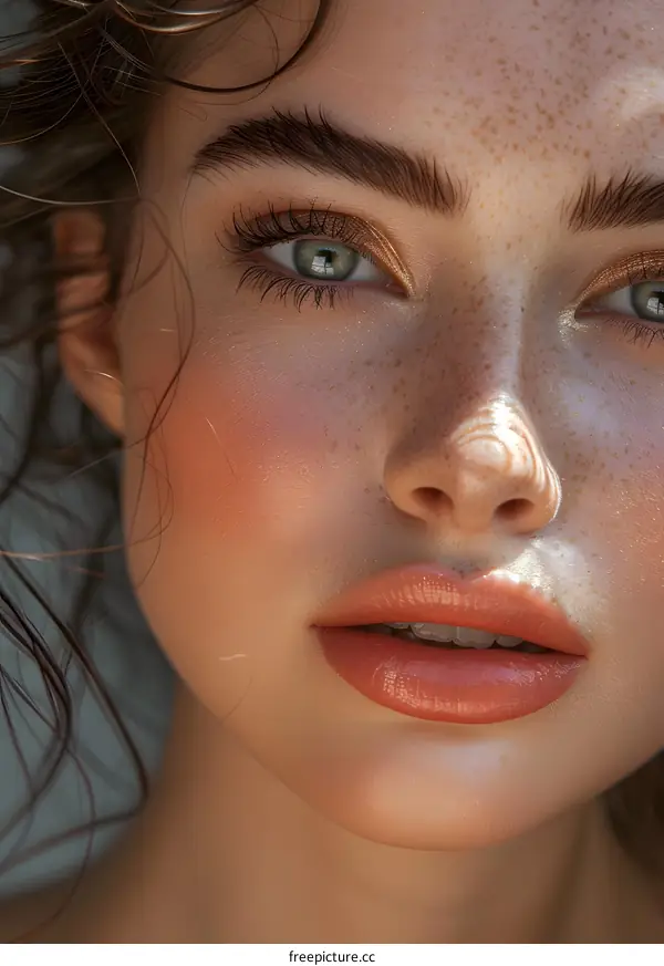 Close up portrait of a beautiful young woman with freckles and green eyes