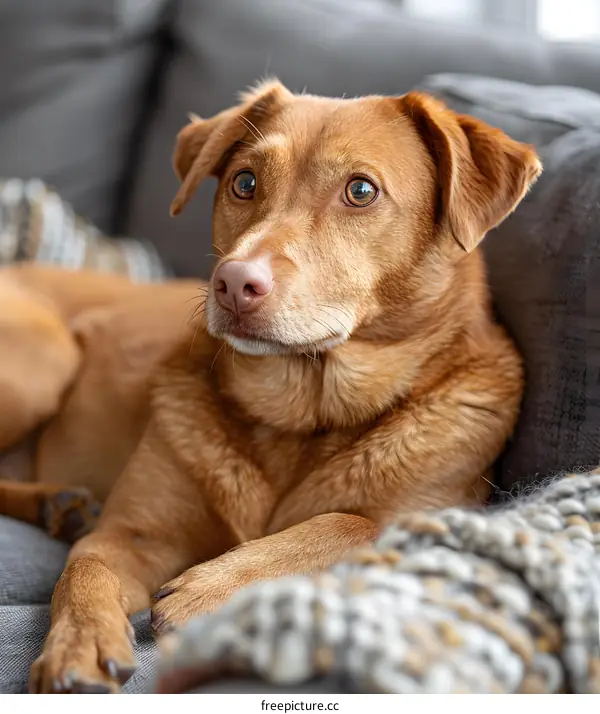 A ginger dog is lying on the couch looking away from the camera