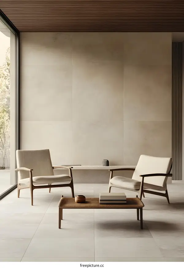 Minimalist Living Room Interior Design With Two Armchairs And A Coffee Table