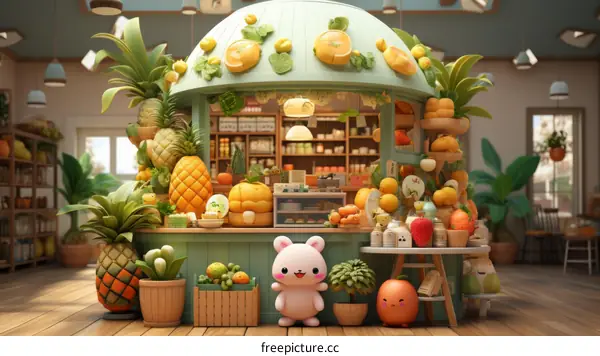 Cute Bunny Standing in Front of Fruits Vegetables Food Market