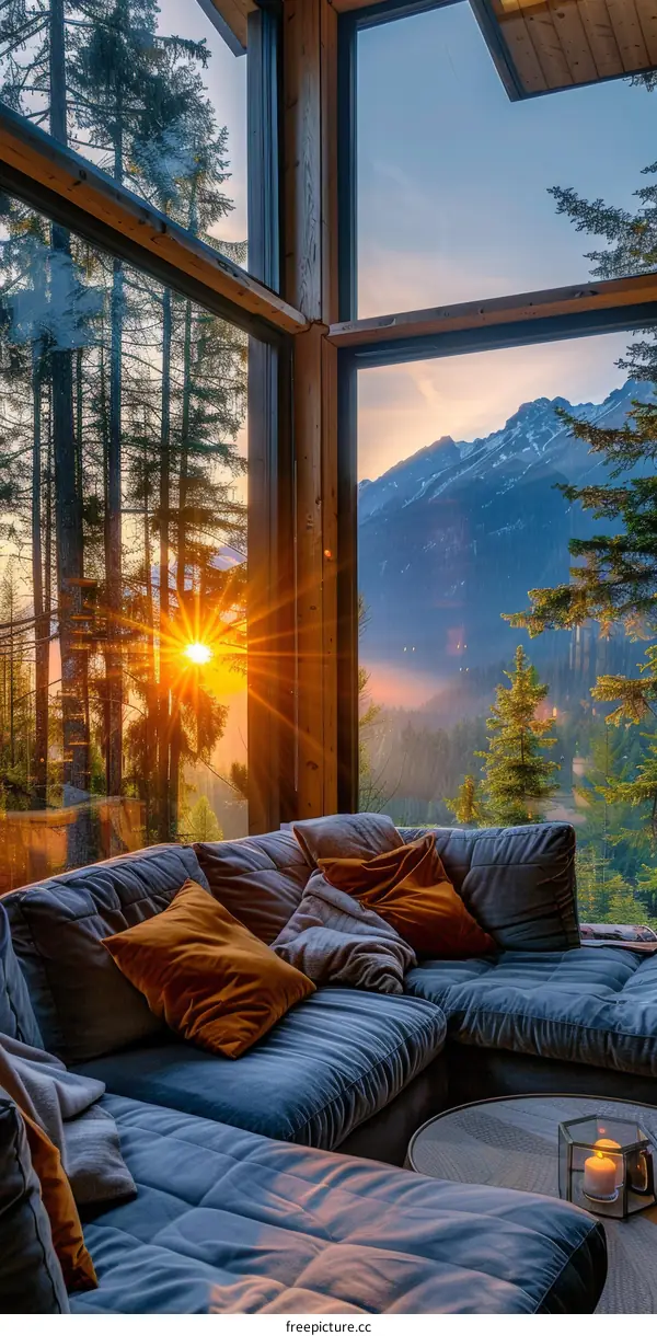 Modern house with large glass windows in the middle of a forest