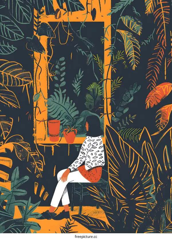 Woman Sitting in a Jungle Illustration