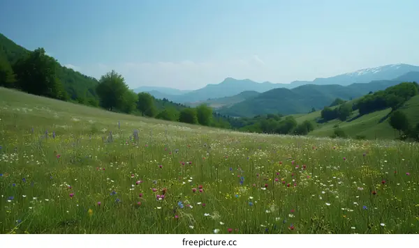Picturesque mountain landscape with blooming meadow in summer