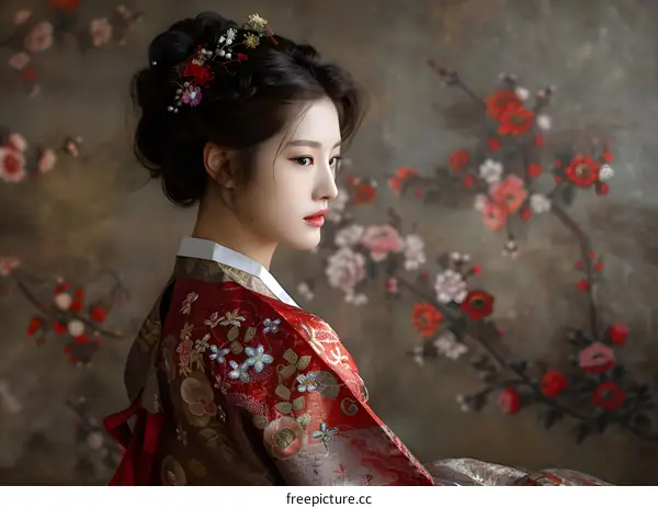 A beautiful Korean woman in a red traditional dress