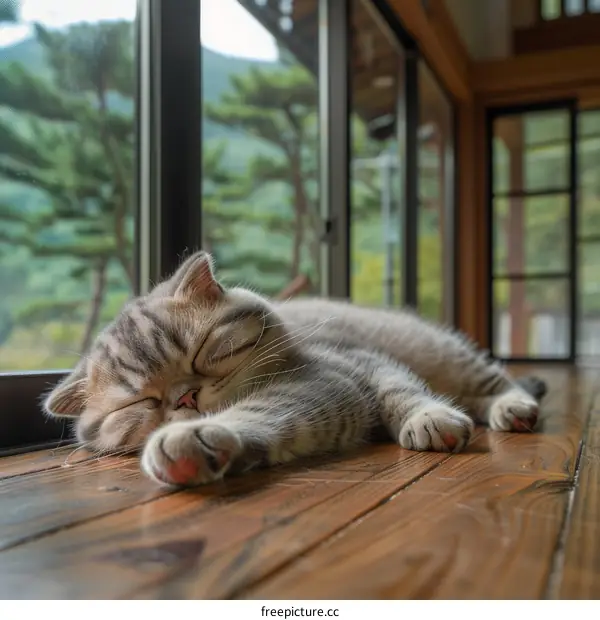Cute Tabby Cat Napping by a Large Window