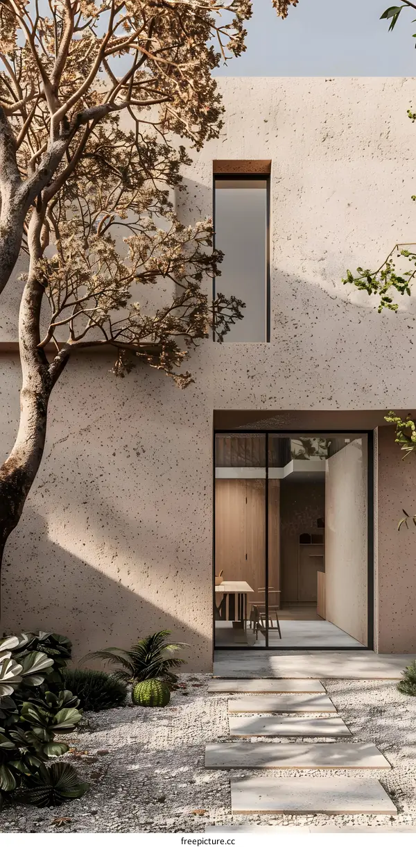 Minimalist Concrete House with Stone Patio and Lush Greenery