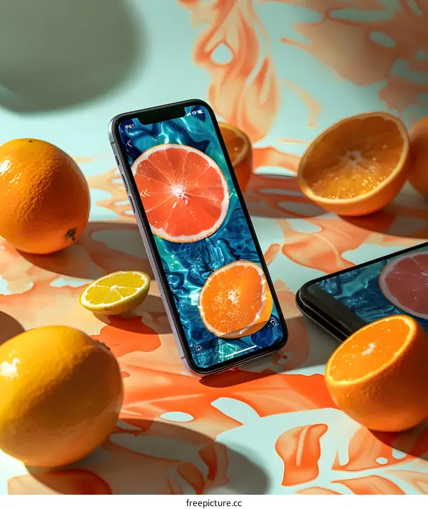 Smartphone Displaying Orange Slices in Water
