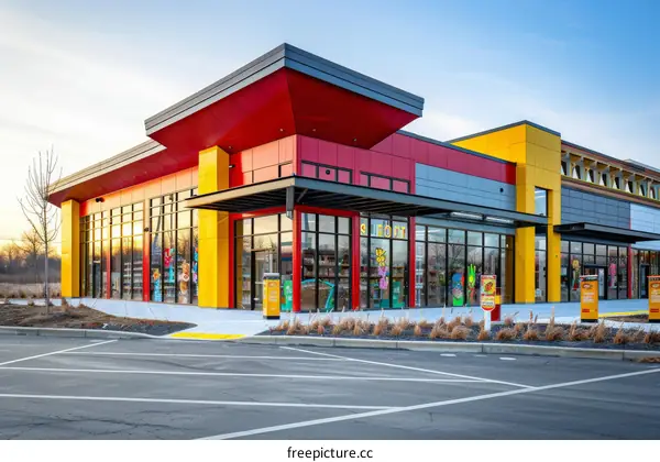 colorful commercial building exterior with large windows