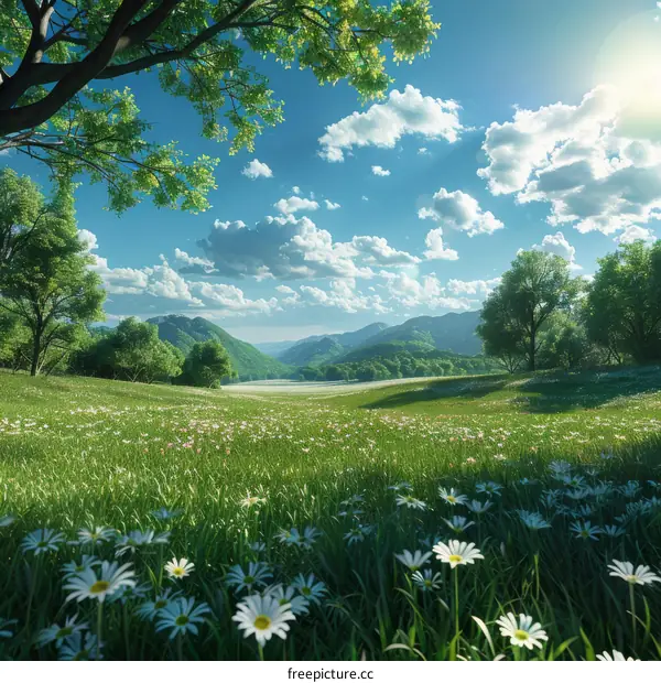 Field of daisies under blue sky with mountains