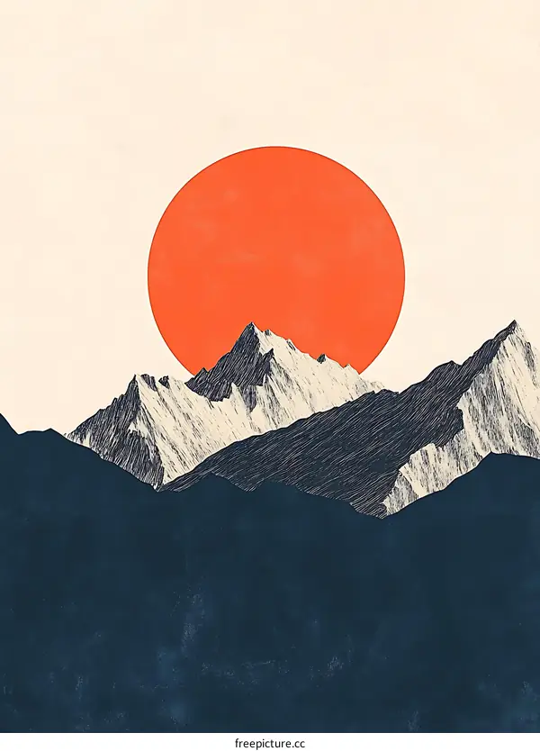Minimalist Mountain Landscape with Red Sun