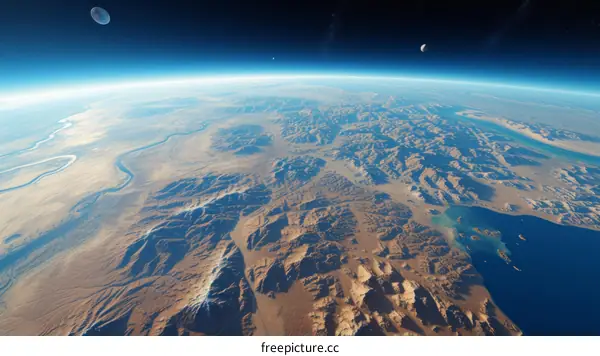 Arid desert planet with mountain ranges and a large body of water