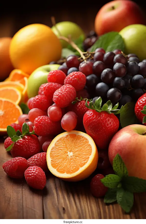 An assortment of fruits including apples, grapes, raspberries, strawberries, and oranges