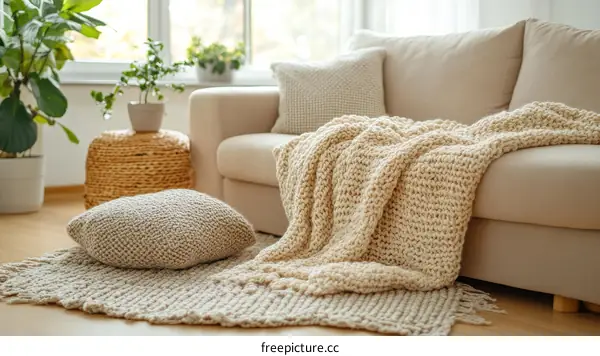 Cozy Living Room with Knitted Throw and Cushions