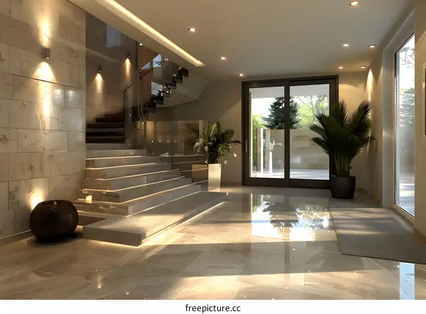 Staircase in a modern house with large windows and plants