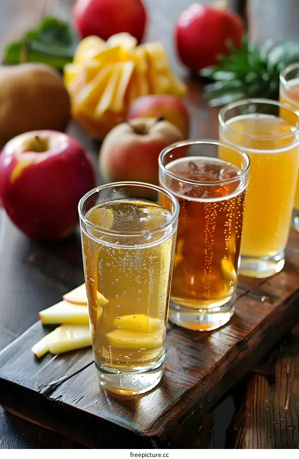 Close Up Of Four Glasses Of Sparkling Apple Cider On A Wooden Cutting Board