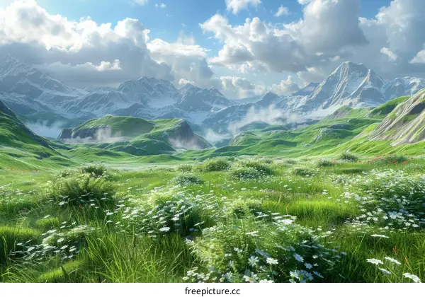 Alpine Meadow with Snow-Capped Mountain Peaks