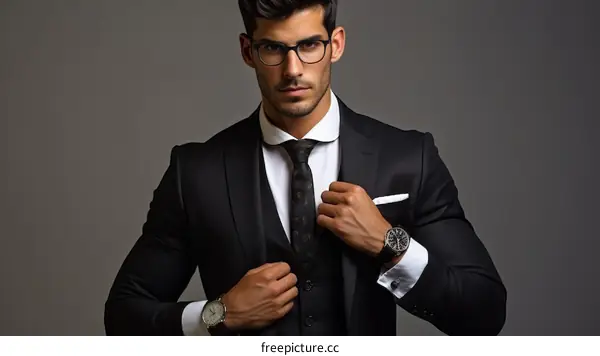 A handsome young man in a suit and tie adjusting his collar and watch