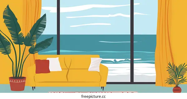 Yellow Couch Ocean View Living Room Illustration