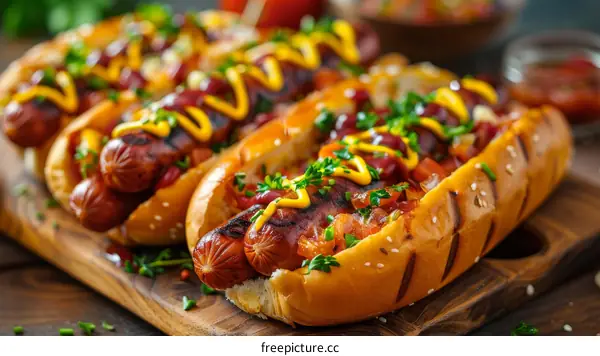 Hot dogs with ketchup and mustard on a wooden board