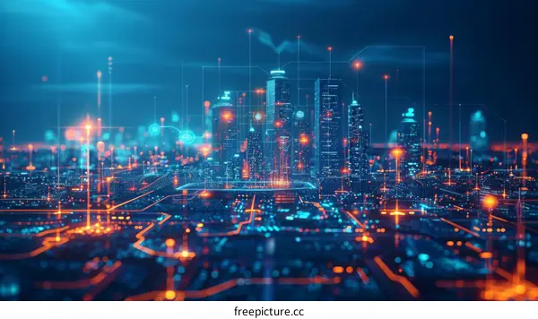 A futuristic cityscape with skyscrapers and glowing lights