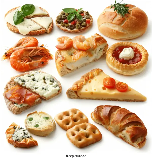 Gourmet Food Spread: Breads, Cheeses, and More