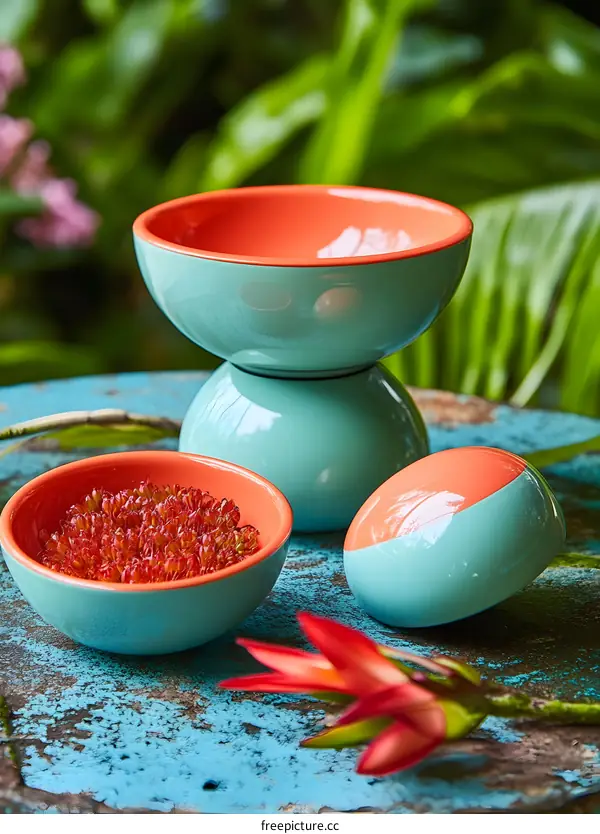 Set of Three Teal and Orange Ceramic Bowls
