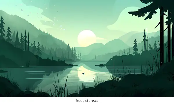 Green Forest Lake and Mountains Illustration