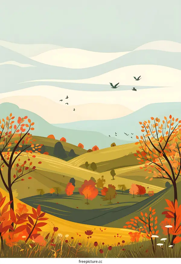 Autumn Landscape With Hills And Birds