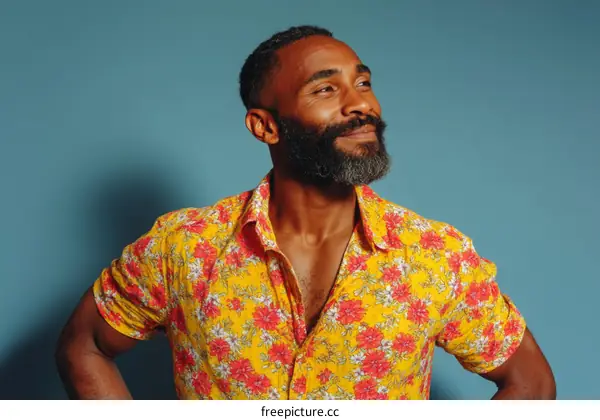 Stylish Man in a Floral Shirt Against a Teal Background