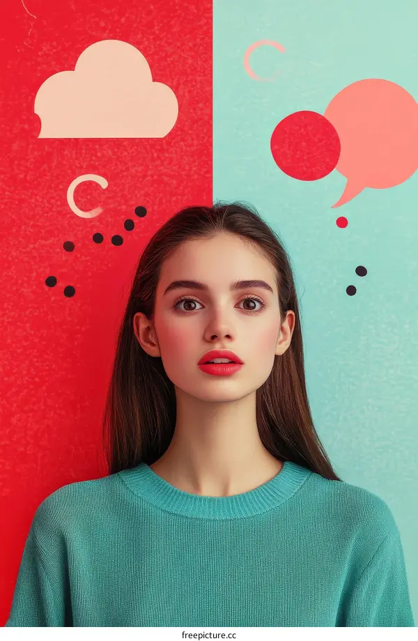 Fashionable Woman in a Teal Sweater Against a Red and Teal Background
