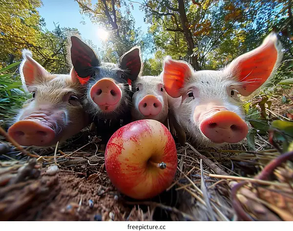 Four curious piglets looking at a red apple on the ground