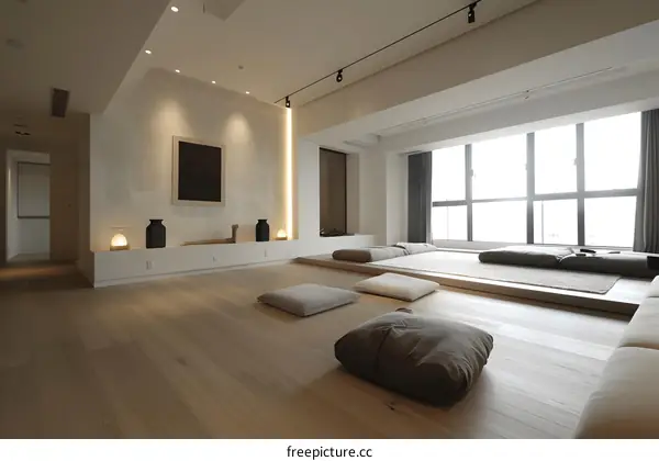 Minimalist Modern Living Room Interior Design with Wooden Floor and Large Windows