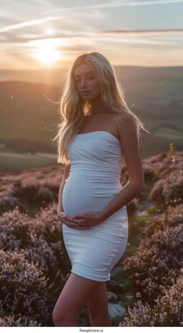 Pregnant woman standing in a field of purple flowers