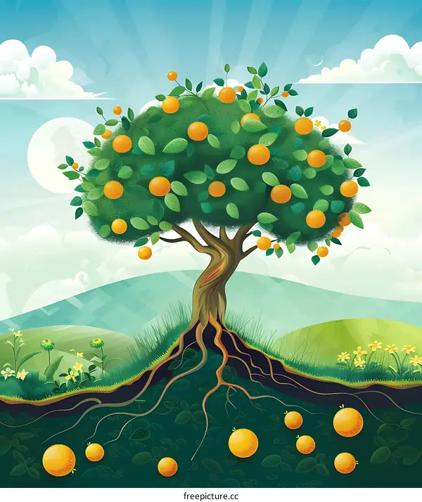 Orange Tree with Roots in the Ground